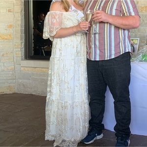 Baltic Born Aurora Off the Shoulder White and Gold bridal shower maxi dress